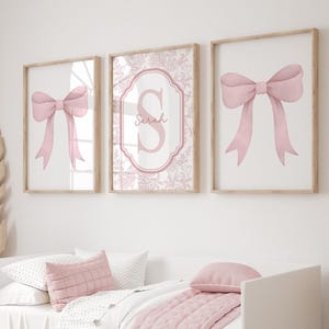 Pink Bow Wall Art, Custom Initial Name Art, Pink Girly Art, Pink Nursery Set of 3, Pink Bow Watercolor Print, Girl Shower Gift 451A