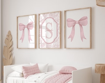 Pink Bow Wall Art, Custom Initial Name Art, Pink Girly Art, Pink Nursery Set of 3, Pink Bow Watercolor Print, Girl Shower Gift 451A