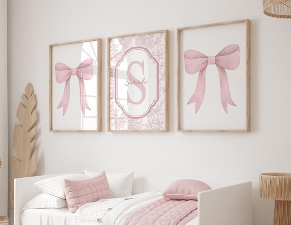 Pink Bow Wall Art, Custom Initial Name Art, Pink Girly Art, Pink Nursery Set of 3, Pink Bow Watercolor Print, Girl Shower Gift 451A