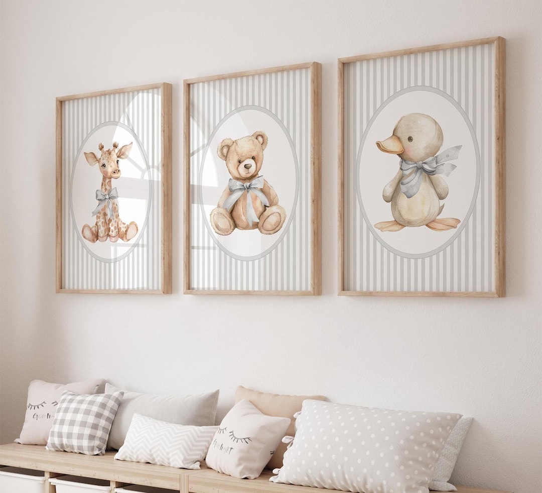Gray Nursery Animals Wall Art, Neutral Nursery Set of 3 Prints, Vintage ...