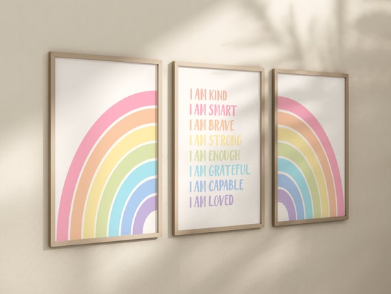 Affirmation for Kids Wall Art SET of 3 Prints Pastel Rainbow Poster Positive Affirmations Poster for Kids Motivational Wall Art for Kid 317K