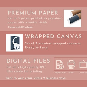 May include: A set of three prints, wrapped canvases, or digital files featuring a dinosaur illustration. The prints are printed on premium paper with a matte finish. The canvases are ready to hang. The digital files are high-quality JPG files ready for printing. *Frames are NOT included. *Sent to your email within 2 business days.
