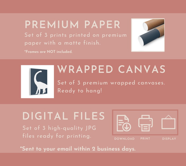 May include: A set of three prints, wrapped canvases, or digital files featuring a dinosaur illustration. The prints are printed on premium paper with a matte finish. The canvases are ready to hang. The digital files are high-quality JPG files ready for printing. *Frames are NOT included. *Sent to your email within 2 business days.