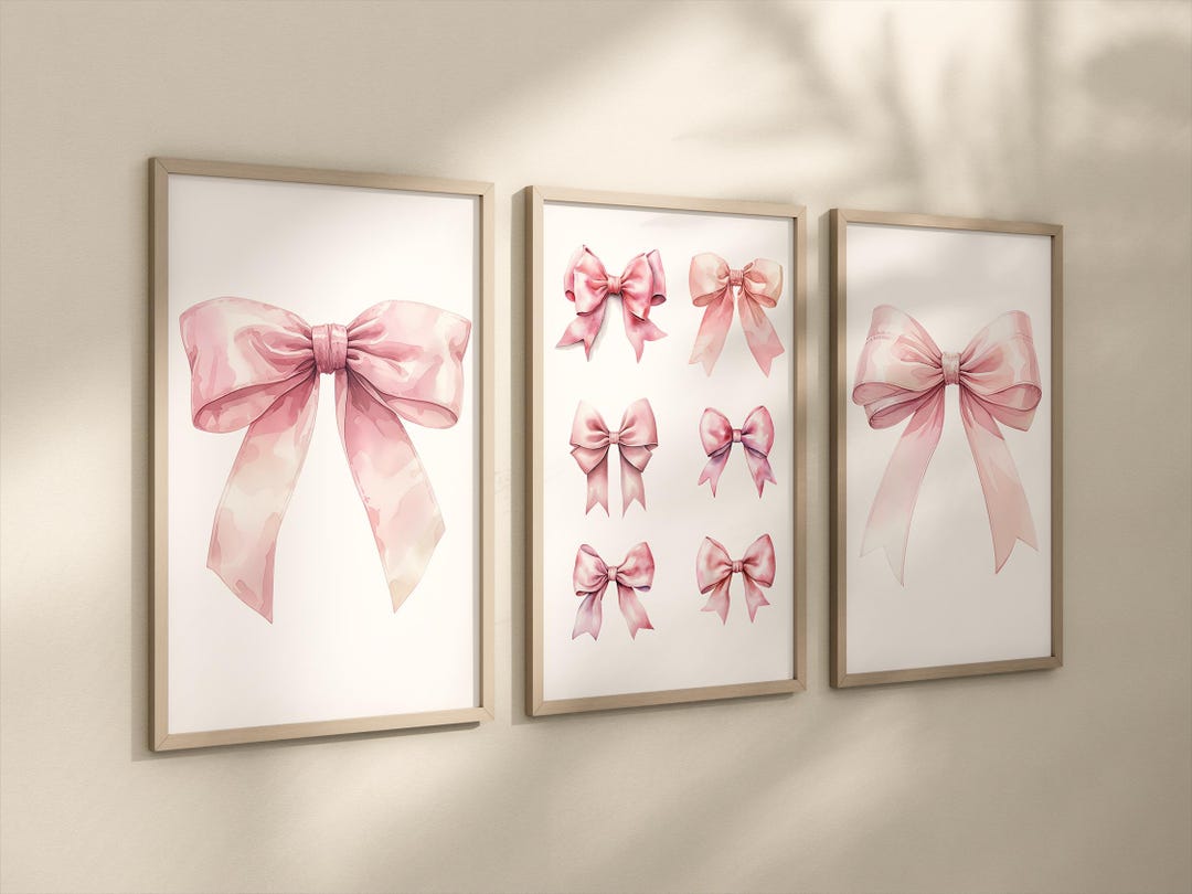 Pink Bow Wall Art, Pink Girly Art, Bow Print for Girls Room, Set of 3 ...