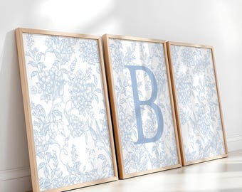 Light Blue Chinoiserie Wall Art, Vintage Antique Flowers Print, Custom Initial, Floral Print Set of 3, Blue Flowers Aesthetic Poster 450K