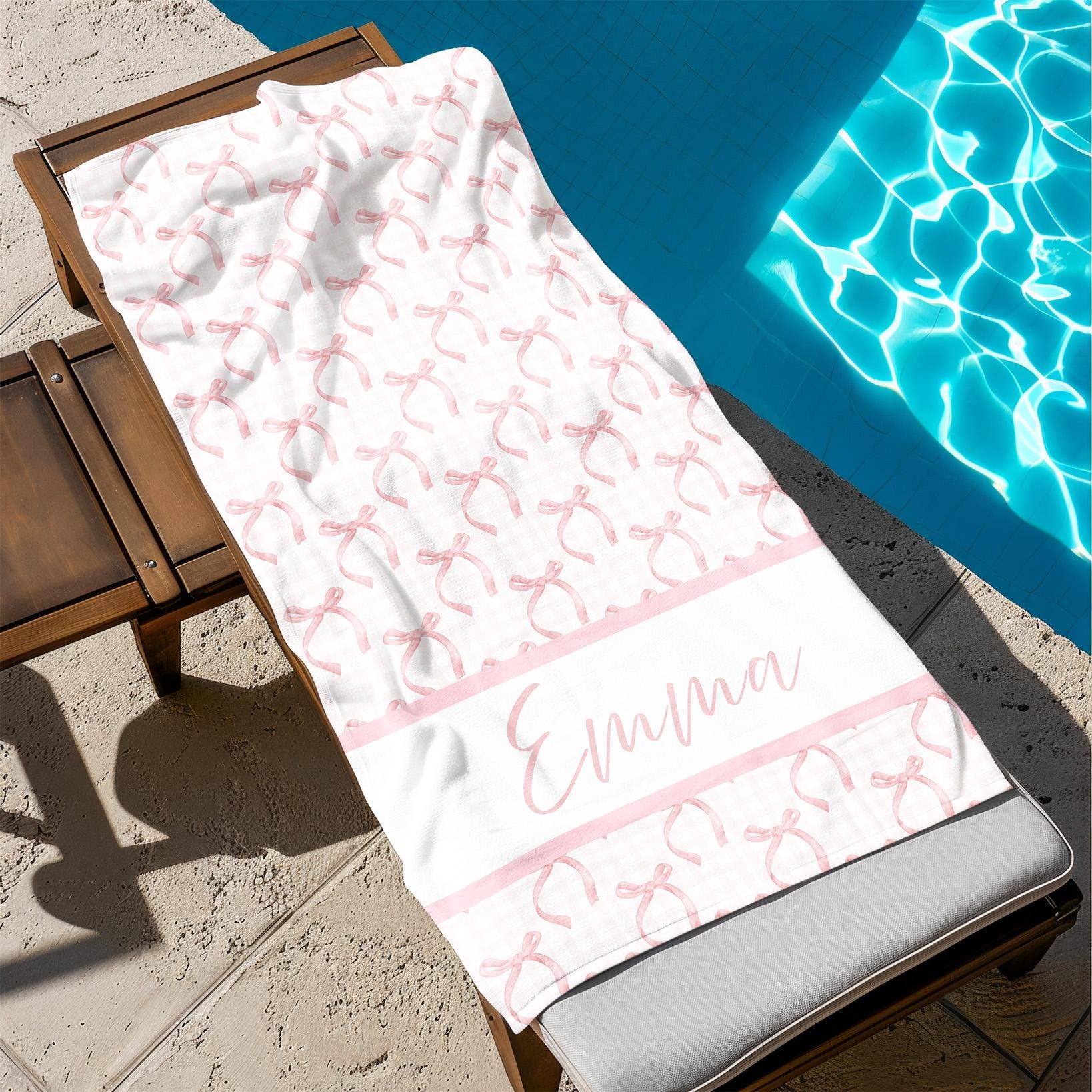 Pink Coquette Bow Beach Towel, Pink Bow Gifts, Coquette Party Favors, Custom Name Towel, Pool Towel, Girls Trip Summer Gifts T314A
