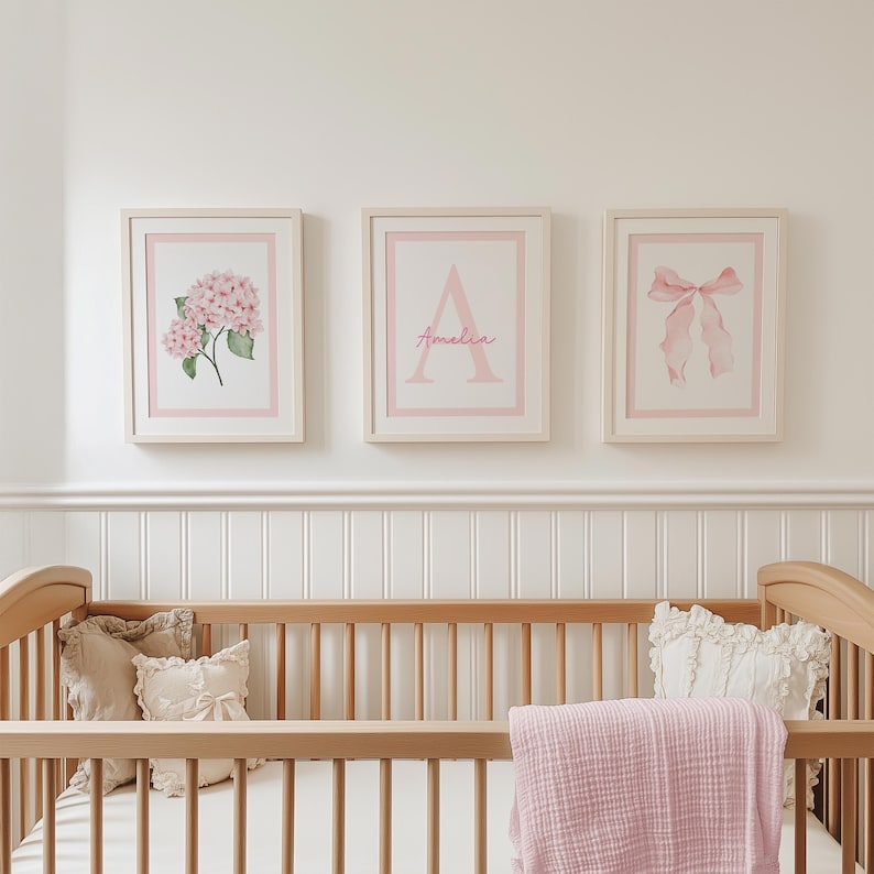 Pink Floral Bow Wall Art With Custom Initial Name, Set of 3 Girl Room ...