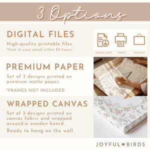 May include: An advertisement for wall art options. The text reads "3 Options" and lists digital files, premium paper, and wrapped canvas. The image shows examples of the art, including a floral design.