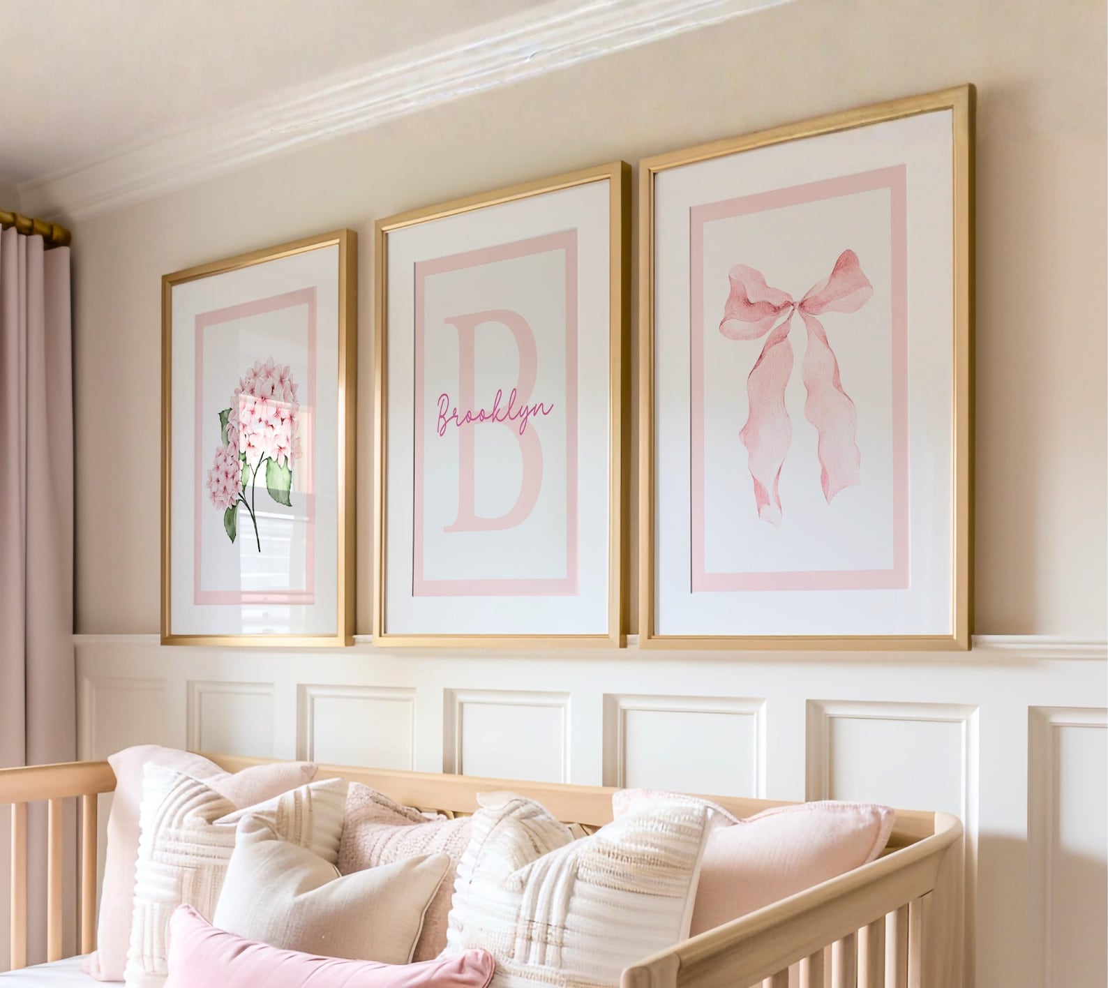 Pink Floral Bow Wall Art With Custom Initial Name, Set of 3 Girl Room ...