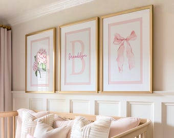 Pink Floral Bow Wall Art with Custom Initial Name, Set of 3 Girl Room Prints, Nursery Decor, Pink Girly Aesthetic, Hydrangea, Teen Dorm 450R