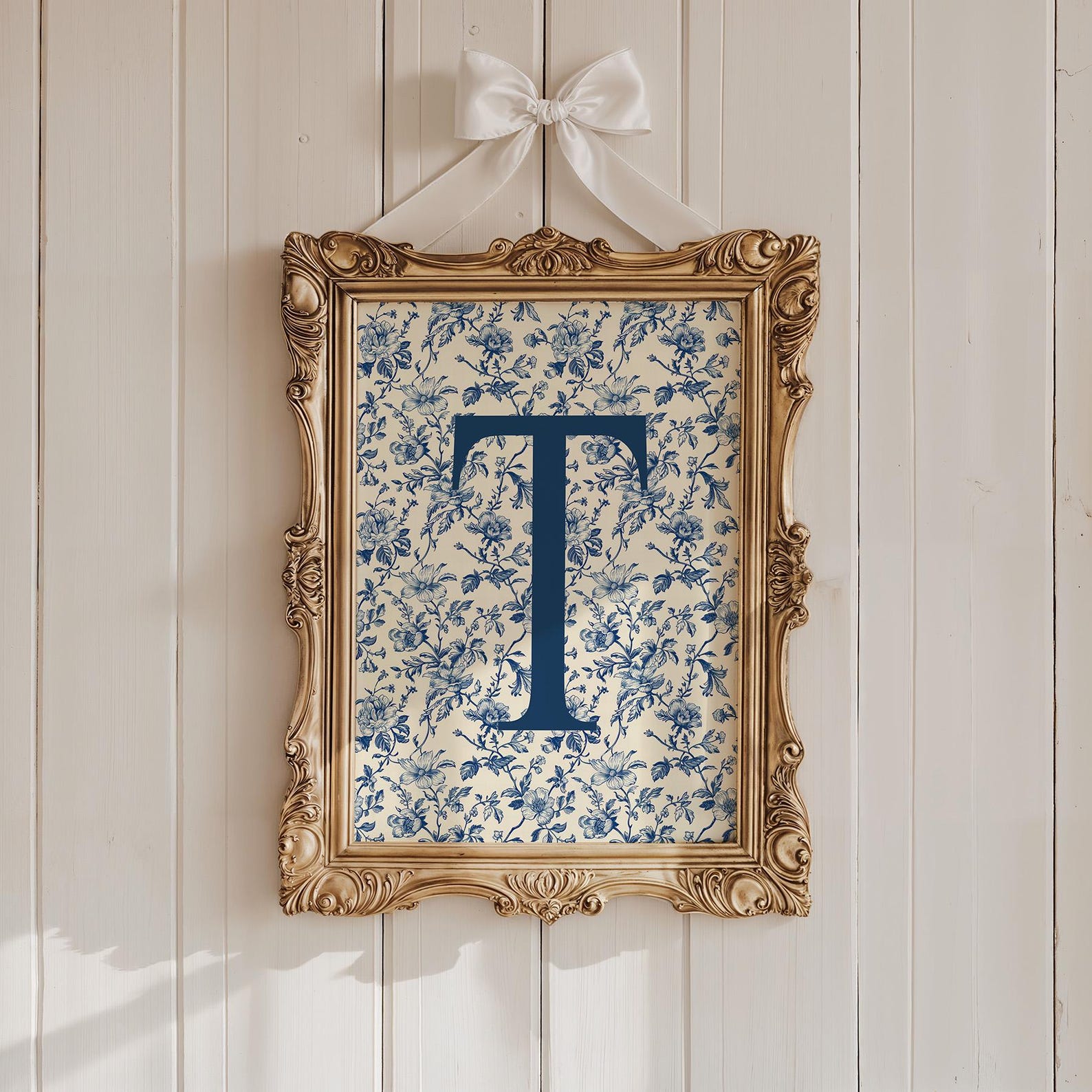 Personalized Blue Chinoiserie Print, Custom Letter Initial, Vintage Botanical Print, College Dorm Wall Art, Nursery, Girl Decor, Floral 156A - Premium Paper, 11x14 Inches
