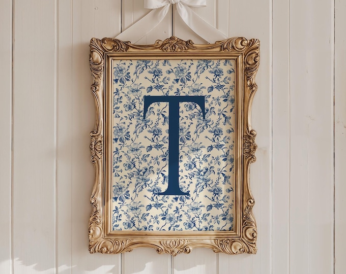 Personalized Blue Chinoiserie Print, Custom Letter Initial, Vintage Botanical Print, College Dorm Wall Art, Nursery, Girl Decor, Floral 156A