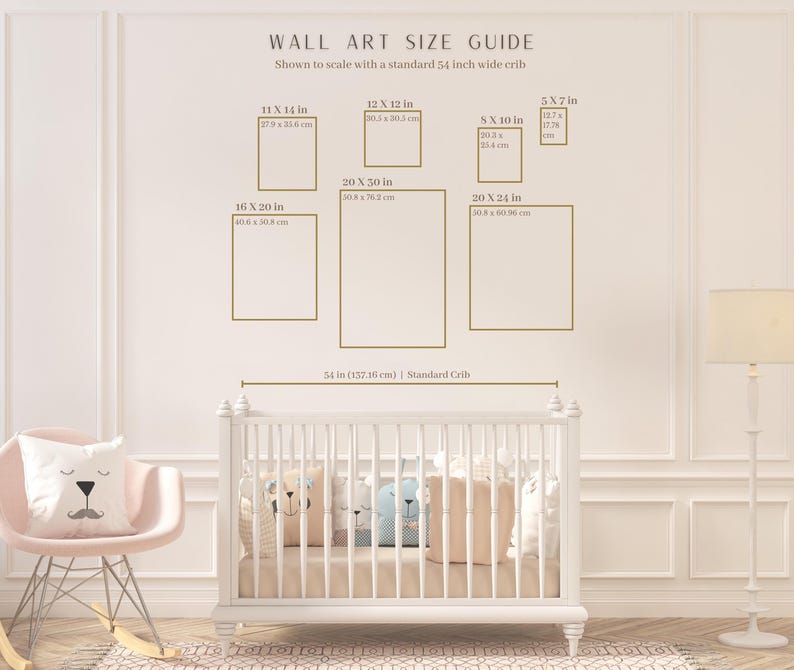 May include: Wall art size guide with dimensions in inches and centimeters, shown to scale with a 137.36 cm crib. Includes sizes like 11x14 in (27.9 x 35.6 cm), 12x12 in (30.5 x 30.5 cm), and 20x30 in (50.8 x 76.2 cm).