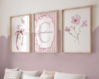 Pink Shabby Chic Prints, Personalized Pink Girly Wall Art, Pink Nursery Set of 3, Teen Girl Room Decor, Vintage Pink, Girl Shower Gift 450B