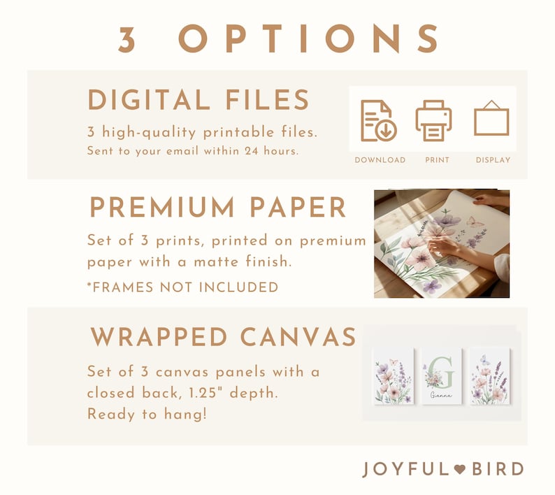 May include: An advertisement for wall art options. The text reads "3 OPTIONS" with choices for digital files, premium paper prints, and wrapped canvas panels. The canvas panels have a 1.25" depth and are ready to hang. The image includes floral art.