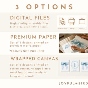 May include: Three options for purchasing a set of three watercolor prints: digital files, premium paper prints, or wrapped canvas prints. The prints feature a blue watercolor bow with the name "Emily" in a gold frame.