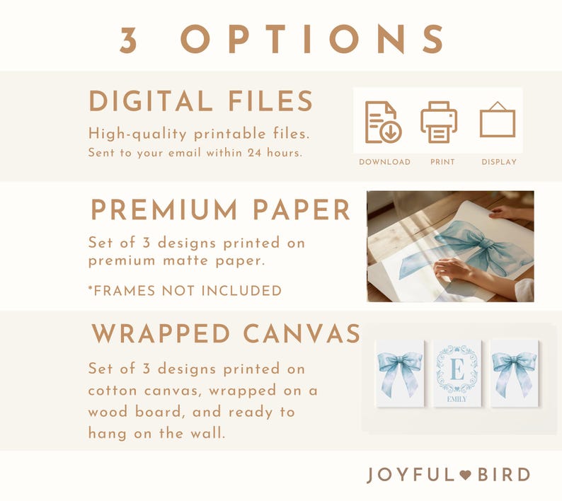 May include: Three options for purchasing a set of three watercolor prints: digital files, premium paper prints, or wrapped canvas prints. The prints feature a blue watercolor bow with the name "Emily" in a gold frame.