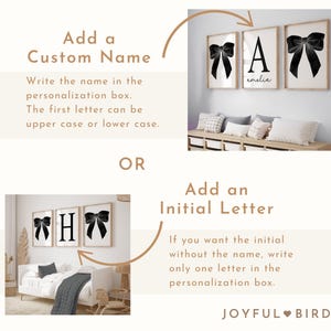 Peut inclure: Trois impressions encadr&eacute;es avec un n&oelig;ud noir, une lettre "A" avec le nom "amelia" et une lettre "H" sur fond blanc. Le texte indique "Ajouter un nom personnalis&eacute;" et "Ajouter une lettre initiale". Le logo Joyful Bird est en bas.