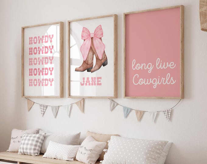Teen Girl Wall Art Cowgirl Boot Print Pink Howdy Prints Coquette Bow Print Pink Cowgirl Set of 3 Prints Long Live Cowgirl Teen Girl Room 381