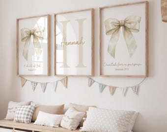 Beige Bow Wall Art, Custom Initial Name Art, Coquette Bow Prints, Bow Nursery Art Set of 3, Watercolor Bow Art, Coquette Print 422Q