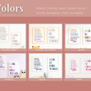 Pu&ograve; includere: Sei disegni di arte da parete stampabili con uno schema di colori pastello. Ogni design presenta una citazione che dice "Posso fare cose difficili" con un nome in basso. I colori includono viola, arcobaleno pastello, boho, blu, rosa e arcobaleno.