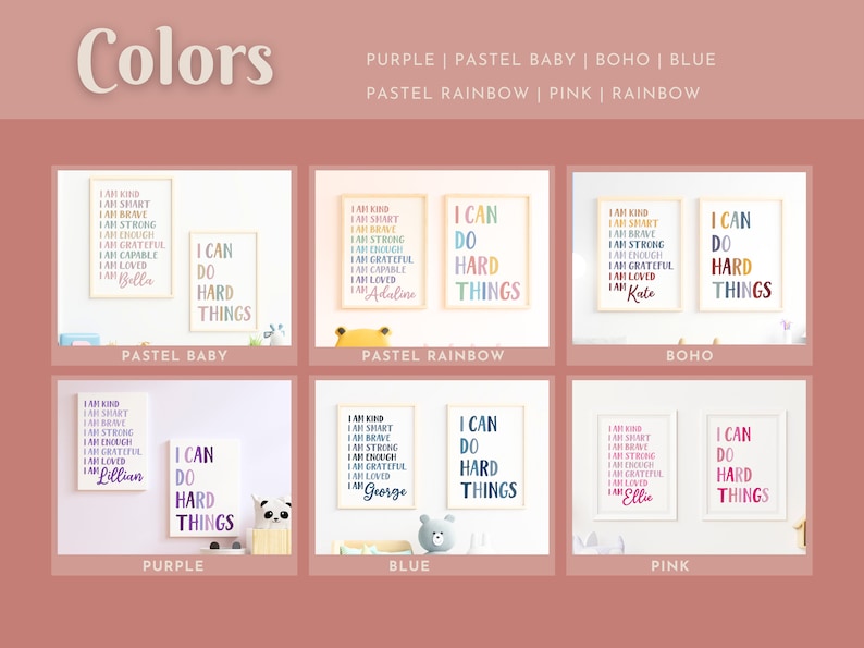 Pu&ograve; includere: Sei disegni di arte da parete stampabili con uno schema di colori pastello. Ogni design presenta una citazione che dice "Posso fare cose difficili" con un nome in basso. I colori includono viola, arcobaleno pastello, boho, blu, rosa e arcobaleno.
