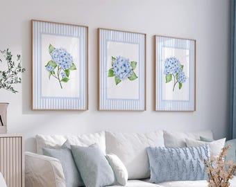 Blue Hydrangea Print Set of 3, Coastal Granddaughter Aesthetic, French Country Wall Art, Vintage Floral, Antique, Grandmillennial Decor 450M