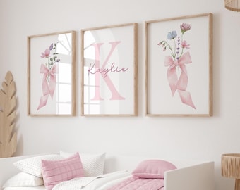 Custom Light Pink Floral Nursery Prints, Coquette Bow Wall Decor, Set of 3, Wildflower, Baby Girl Shower Gifts, Pink Boho Room Decor 450F