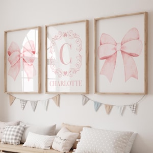 Vintage Pink Nursery Wall Art, Bow Nursery Decor, Custom Initial Name Art,  Set of 3 Prints,  Light Pink Nursery Decor, Bow Nursery Art 422G