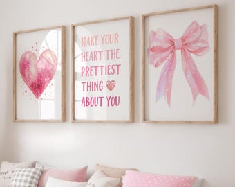 Pink Girly Wall Art, Heart Quote Print, Set of 3, Heart Poster, Teen Girl Room Decor, Love Wall Decor, Pink Bow Wall Art, Pink Quote 422F