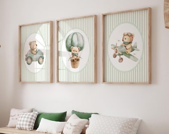 Vintage Bear Nursery Wall Art Set of 3, Bear Nursery Prints, Vintage Nursery, Boy Nursery Decor, Sage Green, Baby Boy Shower Gift 440D
