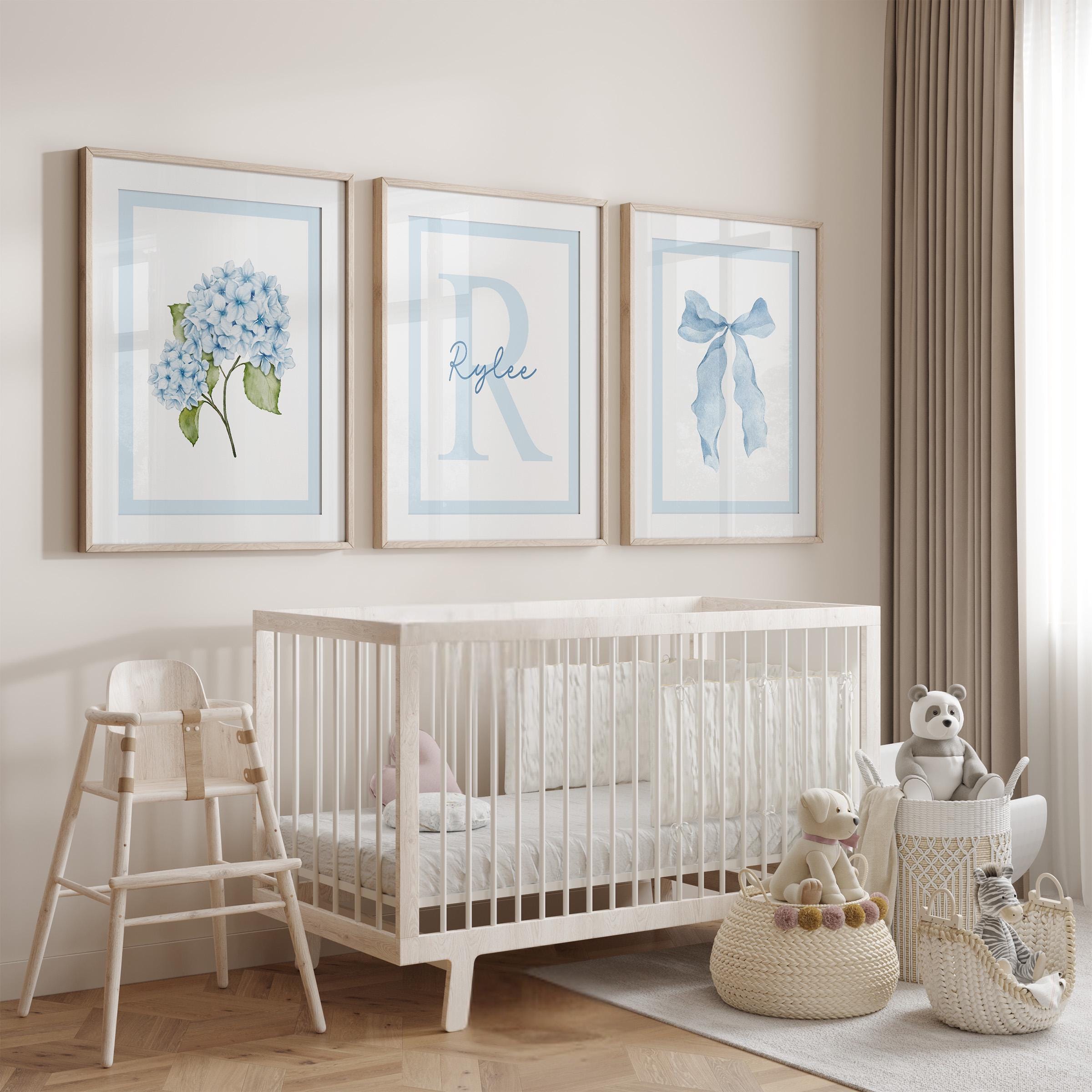 Light Blue Floral Bow Wall Art Set of 3, Custom Initial Name Art, Girl ...