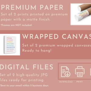 May include: A digital download of two high-quality JPG files featuring a motivational quote: "I am kind, I am smart, I am brave, I am strong, I am enough, I am grateful, I am capable, I am loved." The files are ready for printing. The image also shows options for downloading, printing, and displaying the files.