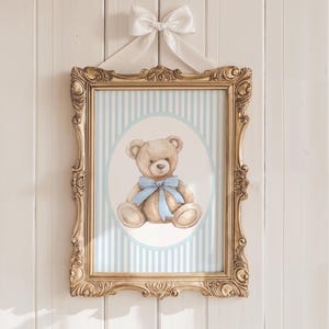 Vintage Bear Nursery Print, Vintage Nursery Wall Art, Blue Vintage Nursery Art, Toile Nursery Art, Teddy Bear Print Nursery, Boy Nursery Art