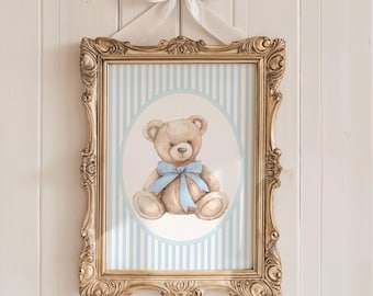 Vintage Bear Nursery Print, Vintage Nursery Wall Art, Blue Vintage Nursery Art, Toile Nursery Art, Teddy Bear Print, Boy Nursery 150C