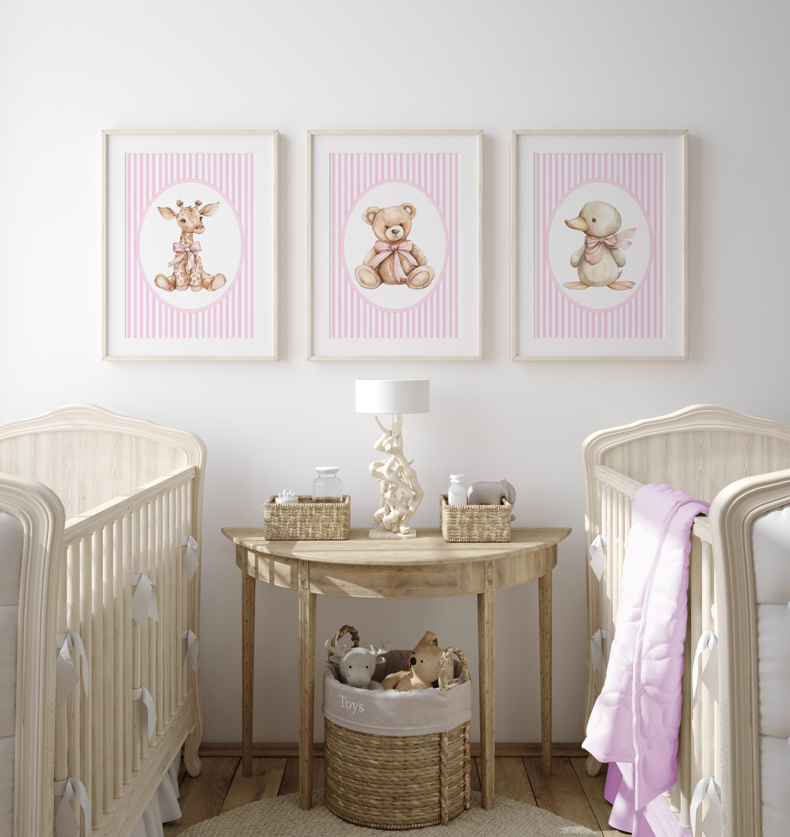 Pink Vintage Nursery Wall Art, Girl Nursery Decor, Pink Bear Nursery ...