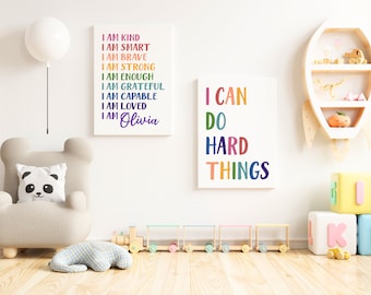Personalized Affirmations for Kids Rainbow Affirmations Set of 2 Wall Art I am Kind Smart Loved Inspirational Kids Room Motivational Decor