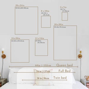 May include: A diagram showing the dimensions of different sized beds, including twin, full, and queen, along with the dimensions of various picture frames in inches and centimeters.