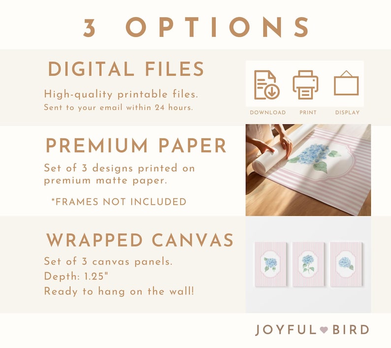 May include: The image presents three options: digital files, premium paper prints, and wrapped canvas panels. The canvas panels are 3.18 cm deep and ready to hang. The premium paper prints and canvas panels feature a floral design with blue hydrangeas.