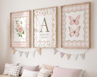 Cottagecore Art Print, Vintage Nursery Art, Butterfly, Floral Nursery, Custom Name Baby Shower Gift, Toddler Girl Room Decor 457D