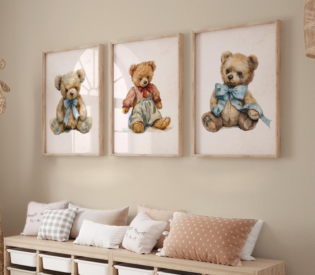 Vintage Bear Nursery Wall Art Set of 3 Prints Bear Nursery Decor Teddy ...