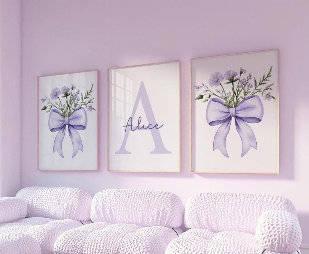 Purple Bow Prints, Floral Nursery Decor, Girl Nursery Wall Art, Purple ...