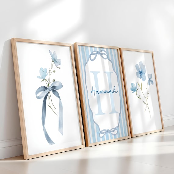Blue Shabby Chic Wall Print Set of 3, Custom Name Wall Art, Pastel Blue Prints, Girl Room Decor, Nursery, Bow, Floral Nursery Girl Gift 450A