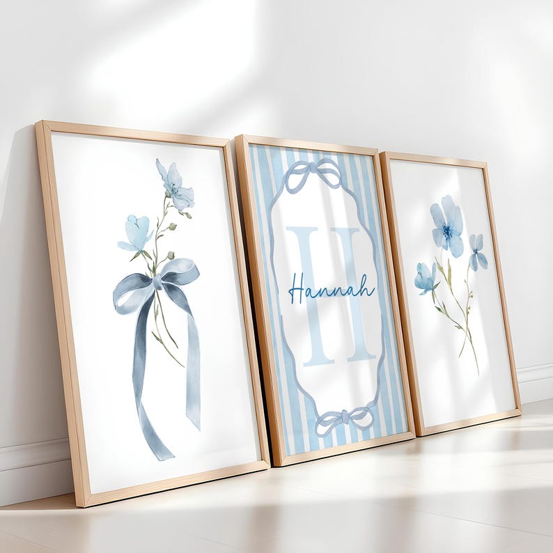 Blue Shabby Chic Wall Print Set of 3, Custom Name Wall Art, Pastel Blue Prints, Girl Room Decor, Nursery, Bow, Floral Nursery Girl Gift 450A image 1