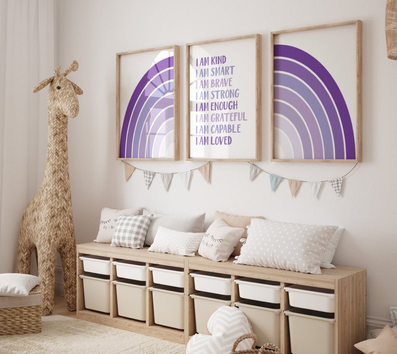 May include: Two framed prints with a purple and white rainbow design. The print on the right has the text "I am kind, I am smart, I am brave, I am strong, I am enough, I am grateful, I am capable, I am loved".