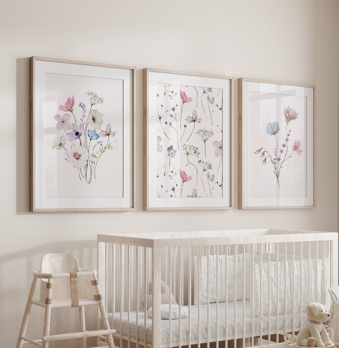 Wildflower Nursery Wall Art, Baby Girl Floral Nursery Decor, Set of 3 ...