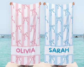Coquette Bow Beach Towel, Blue, Pink Bow Gifts, Coquette Party Favors, Teen Girl Gifts, Custom Name, Pool, Girls Trip Summer Gifts T314D