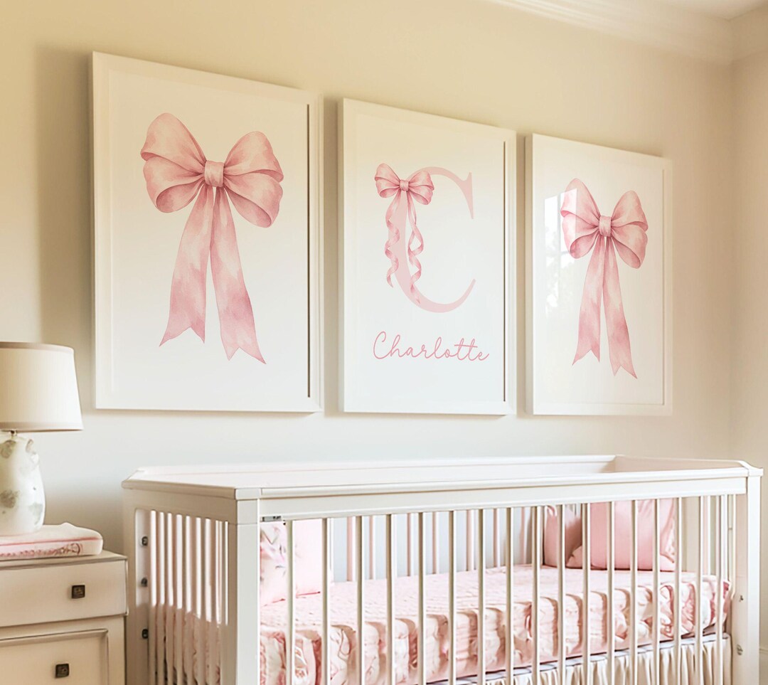 Pink Bow Wall Art for Girl Nursery Set of 3 Prints, Custom Initial Name ...