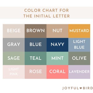 May include: A color chart for initial letters, featuring a grid of color swatches. Colors include beige, brown, nut, mustard, gray, blue, navy, light blue, sage, teal, mint, olive, light pink, rose, coral, and lavender.