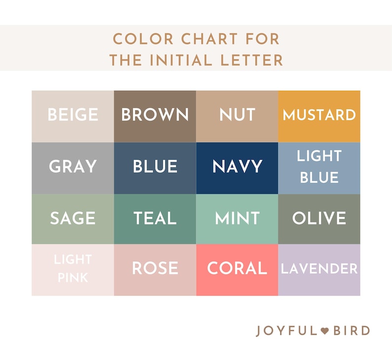 May include: A color chart for initial letters, featuring a grid of color swatches. Colors include beige, brown, nut, mustard, gray, blue, navy, light blue, sage, teal, mint, olive, light pink, rose, coral, and lavender.